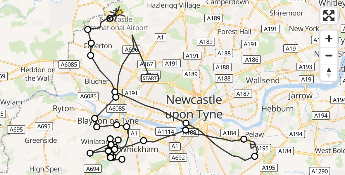 Flight route map: Police Helicopter to Newcastle International Airport, Newcastle International Airport