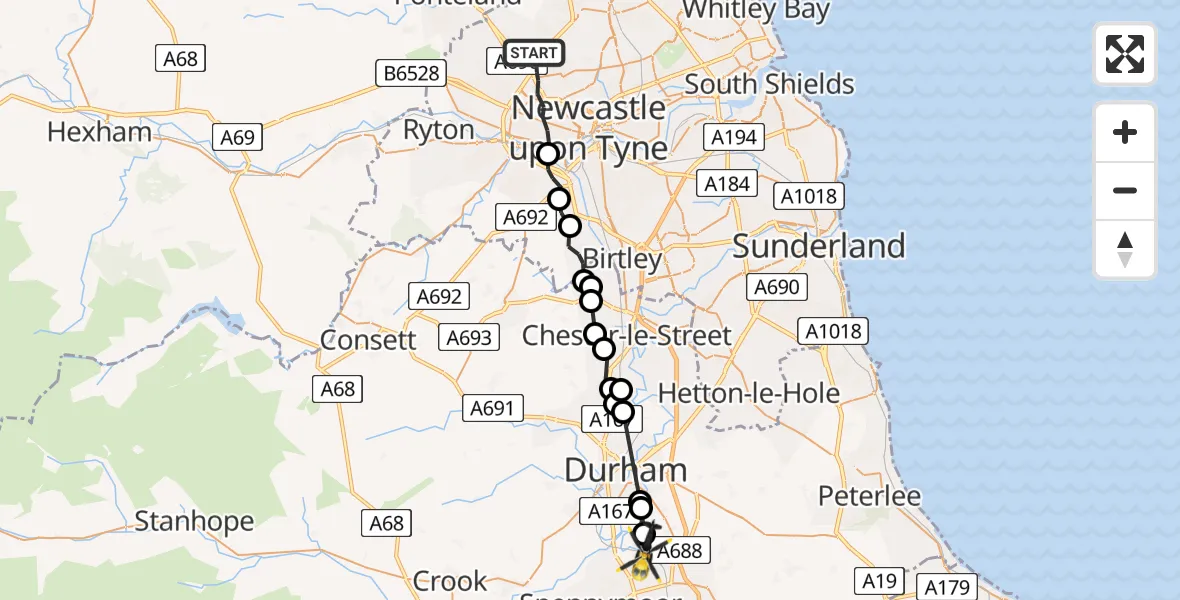 Routekaart van de vlucht: Police Helicopter to Hett, West Bowburn Way