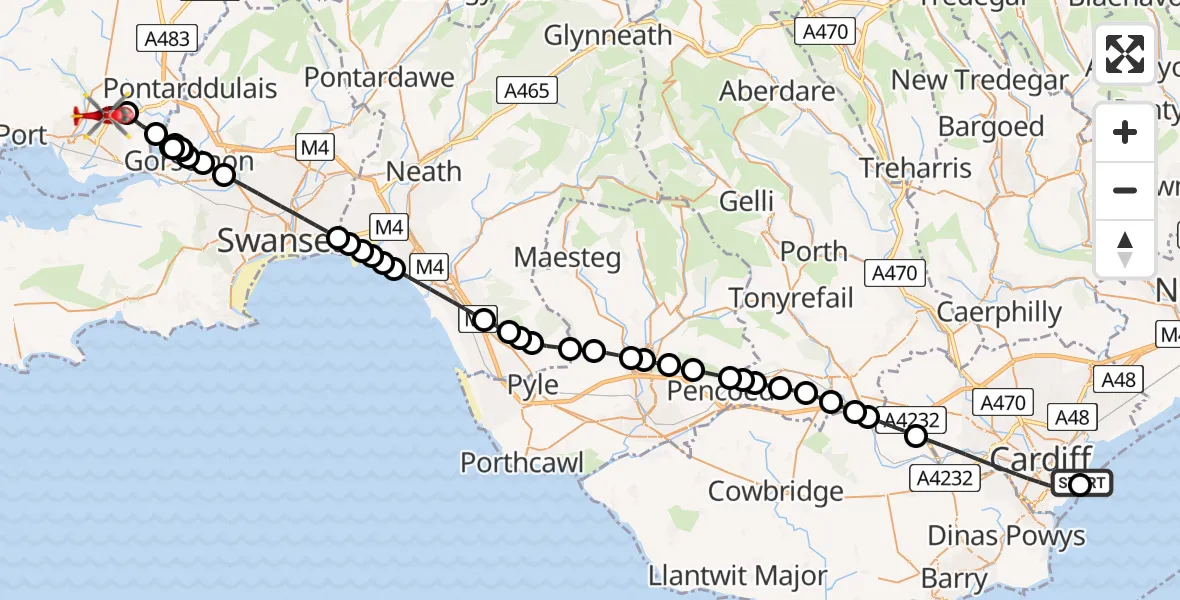 Flight route map: Air Ambulance Helicopter to Dafen, Heol Cropin