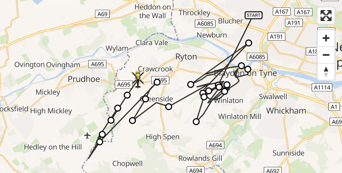Routekaart van de vlucht: Police Helicopter to Crawcrook, Crawcrook