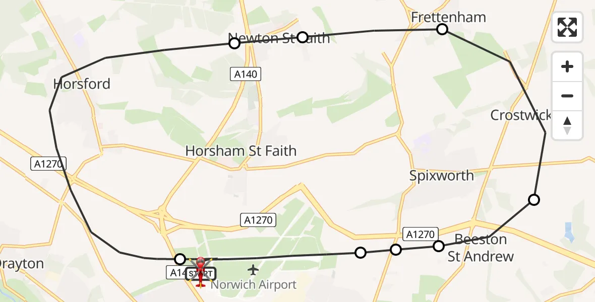 Flight path map showing Air Ambulance Helicopter route from Norwich Airport to Norwich Airport