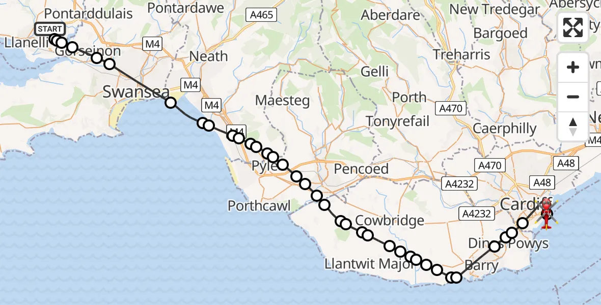 Flight route map: Air Ambulance Helicopter to Cardiff Heliport, Cardiff Heliport