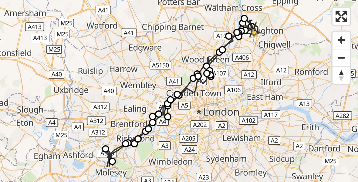 Flight route map: Police Helicopter to Sewardstonebury, Hornbeam Lane