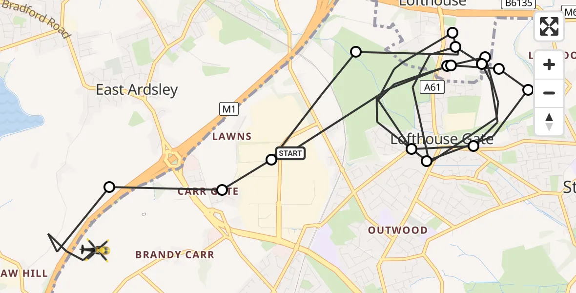 Routekaart van de vlucht: Police Helicopter to East Ardsley, M1