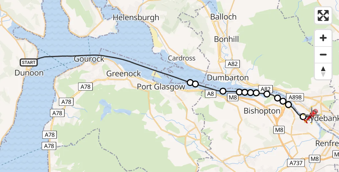 Flight route map: Air Ambulance Helicopter to Golden Jubilee Hospital, Golden Jubilee Hospital