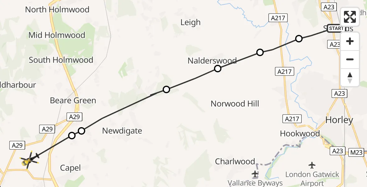 Routekaart van de vlucht: Police Helicopter to Ockley, Park Lane