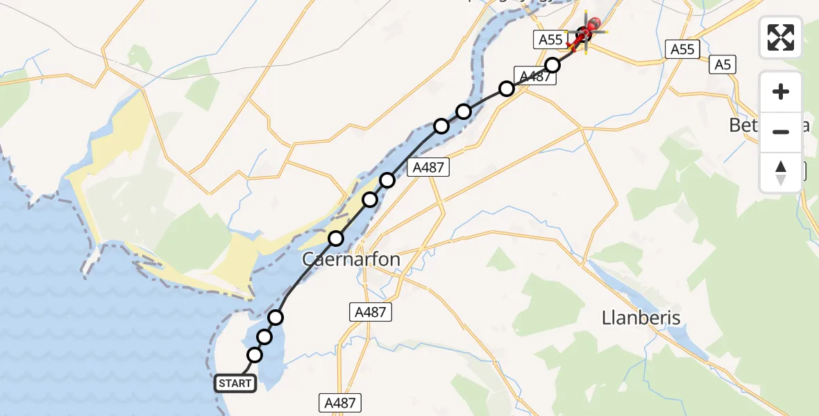 Flight route map: Air Ambulance Helicopter to Ysbyty Gwynedd Hospital Heliport, Ysbyty Gwynedd Hospital Heliport