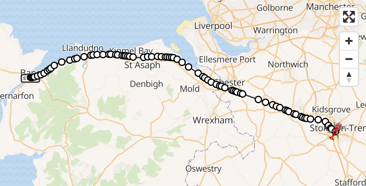 Flight route map: Air Ambulance Helicopter to University Hospital North Staffs, University Hospital North Staffs