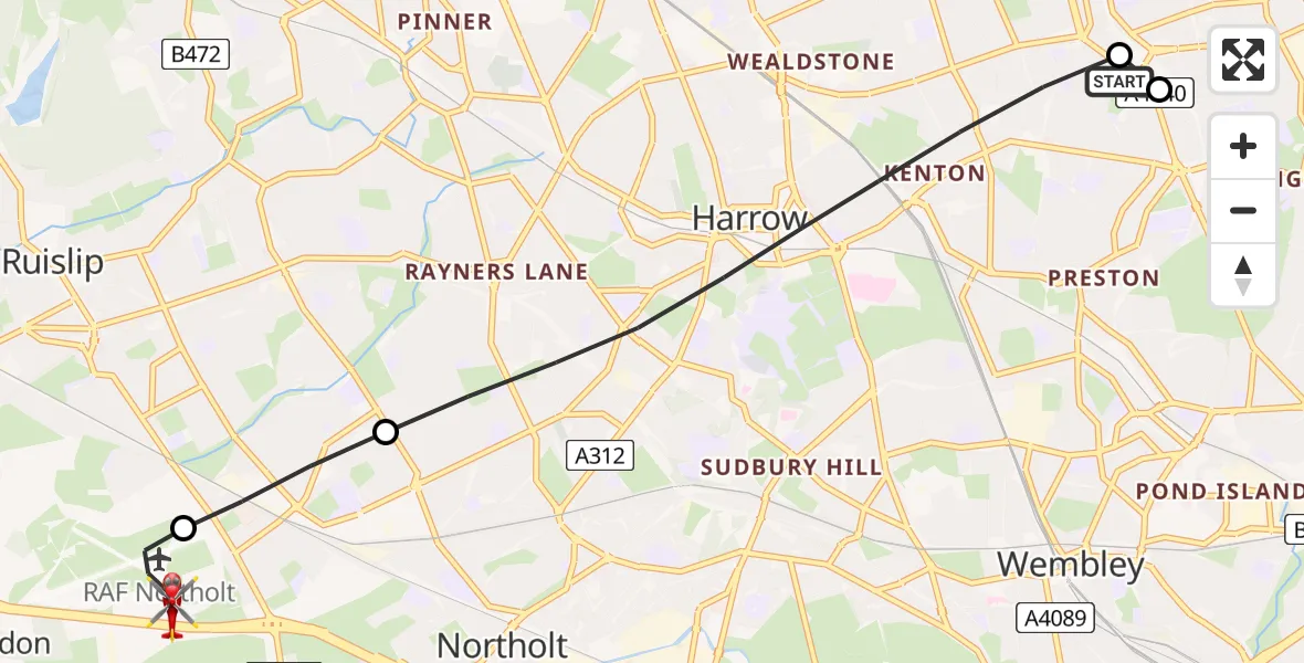 Flight route map: Air Ambulance Helicopter to RAF Northolt, RAF Northolt