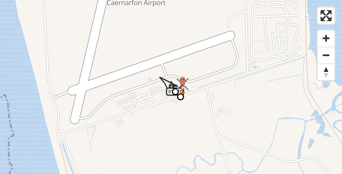 Flight path map showing Coastguard Helicopter route from Caernarfon Airport to Caernarfon Airport