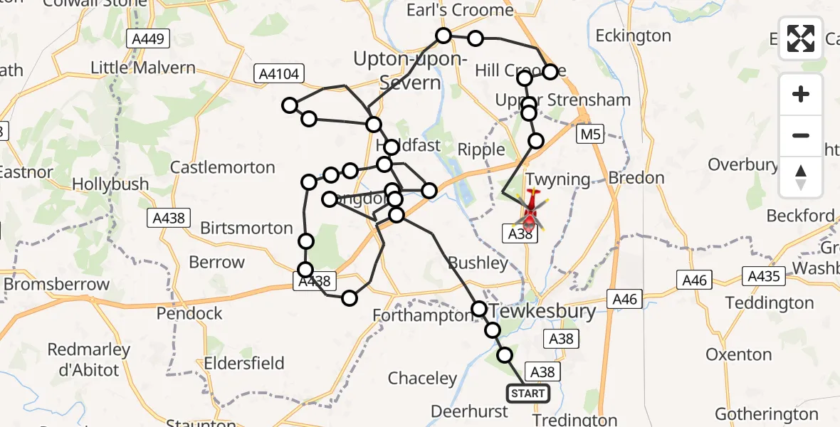 Flight route map: Air Ambulance Helicopter to Twyning, Twyning