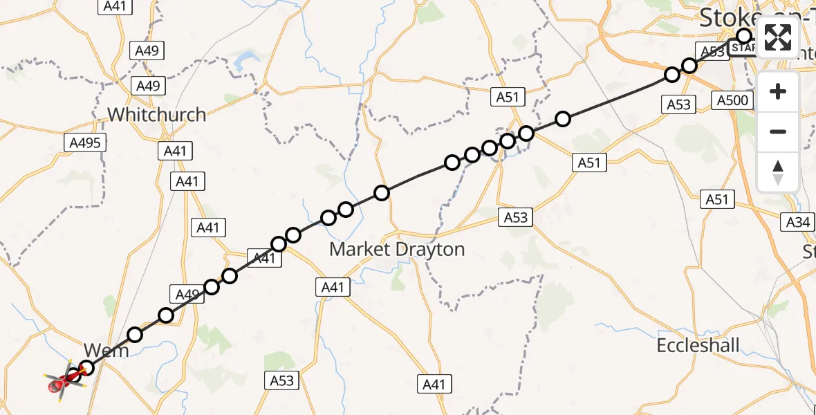Flight route map: Air Ambulance Helicopter to Loppington, Loppington