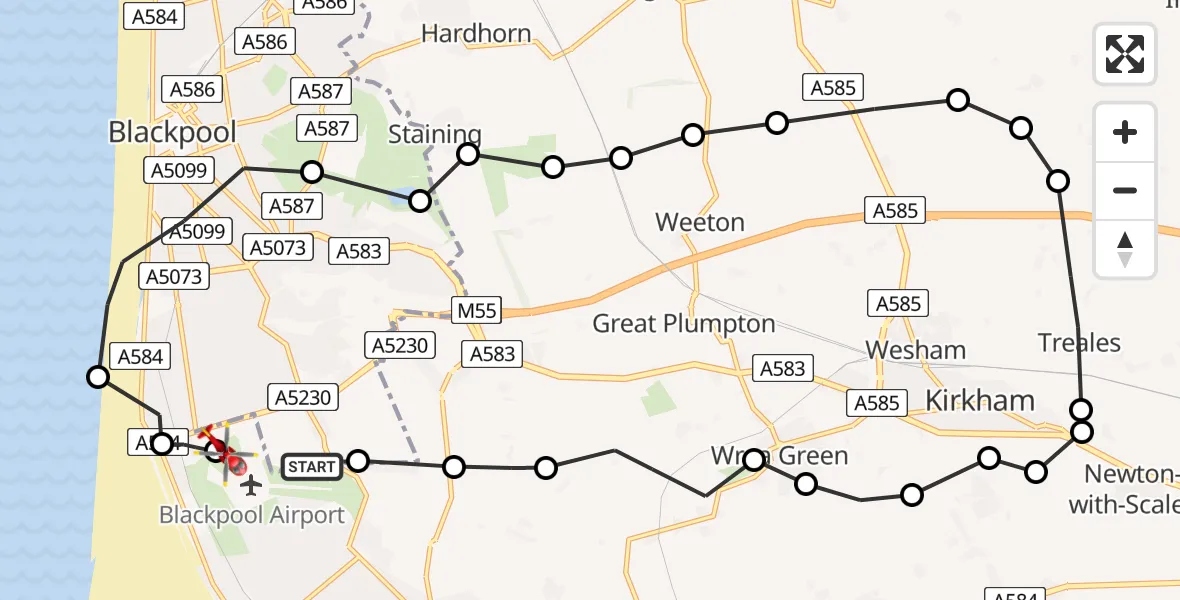 Flight route map: Air Ambulance Helicopter to Blackpool Airport, Blackpool Airport