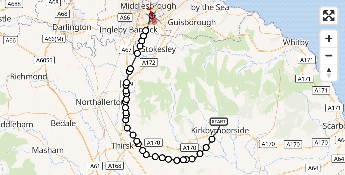 Routekaart van de vlucht: Air Ambulance Helicopter to James Cook University Hospital, James Cook University Hospital