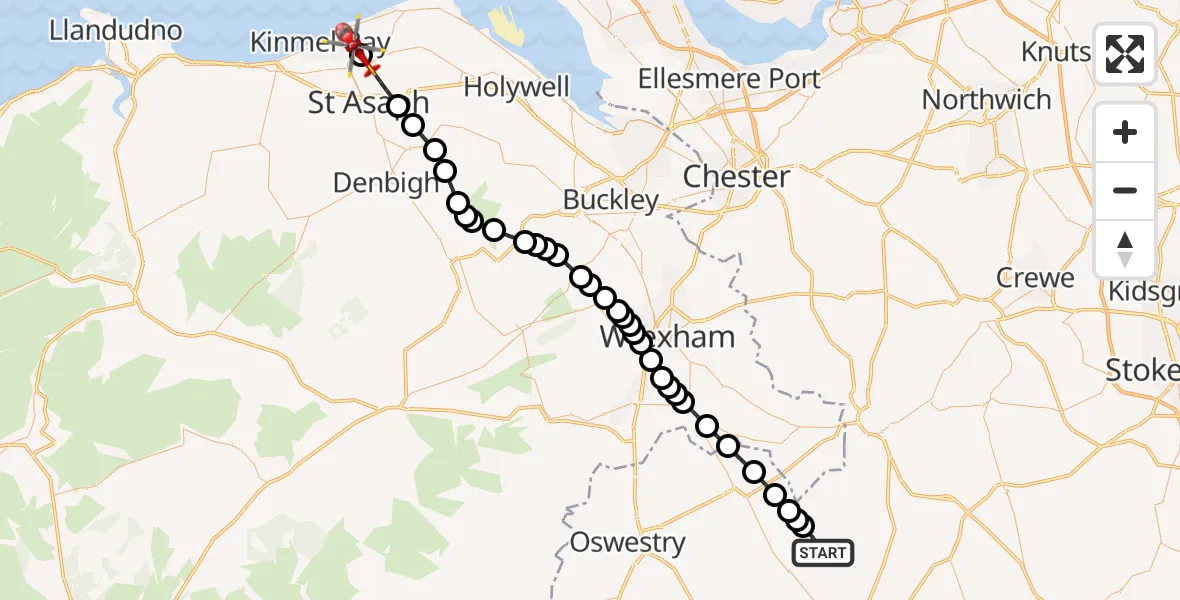 Routekaart van de vlucht: Air Ambulance Helicopter to St Asaph, St Asaph
