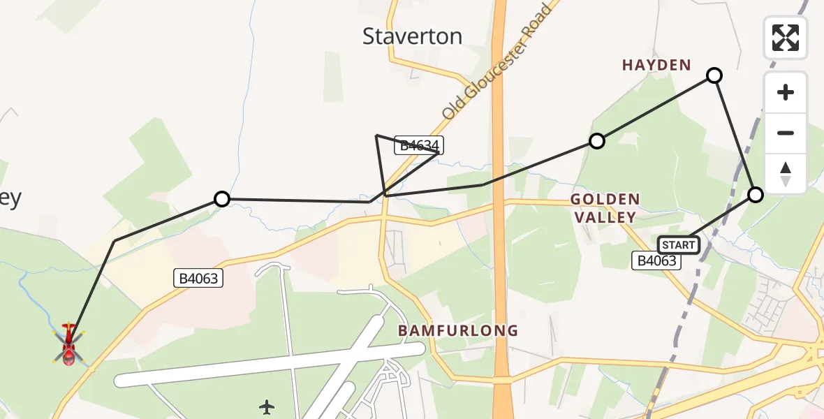 Flight route map: Air Ambulance Helicopter to Gloucester, Cheltenham Road