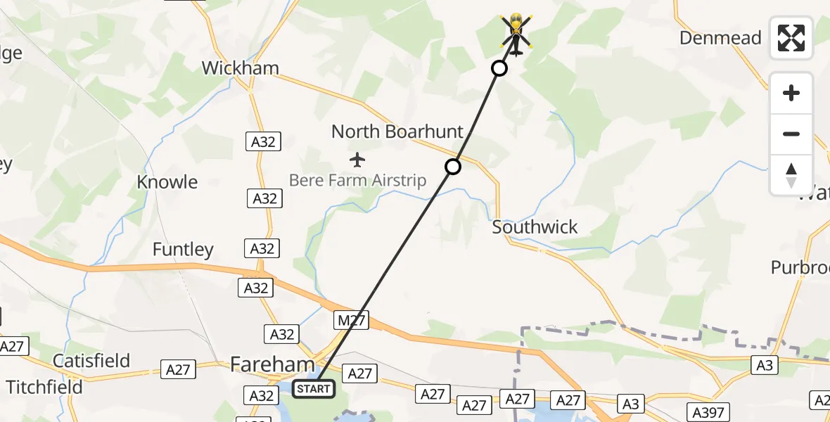 Flight path map showing Police Helicopter route from Fareham to Newtown