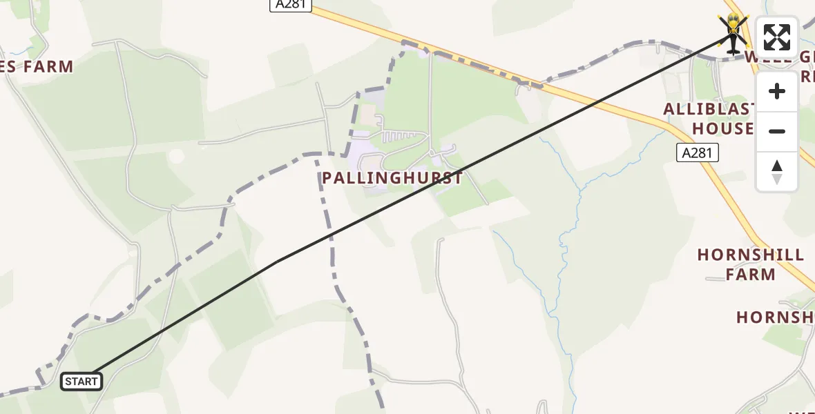Flight path map showing Police Helicopter route from Loxwood to Cranleigh