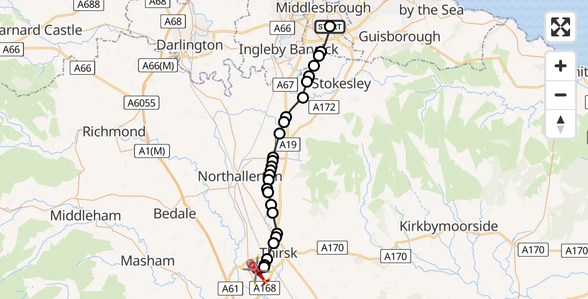 Flight route map: Air Ambulance Helicopter to RAF Topcliffe, RAF Topcliffe