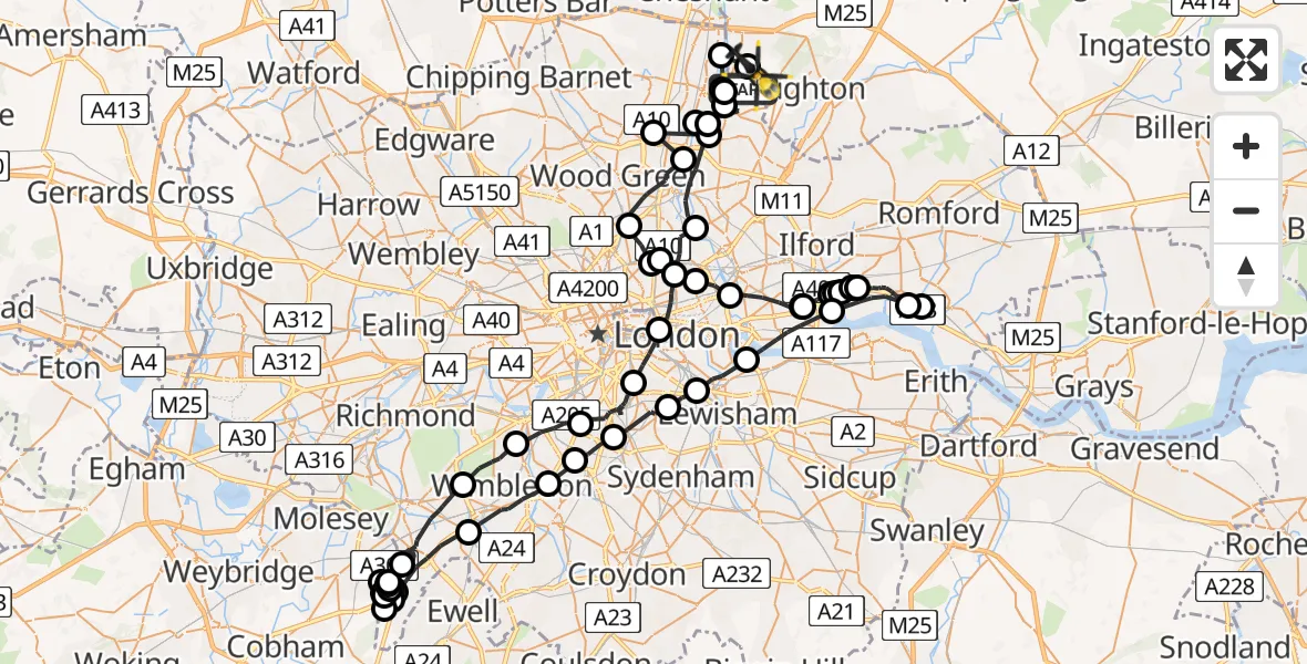 Flight route map: Police Helicopter to Sewardstonebury, Bury Road