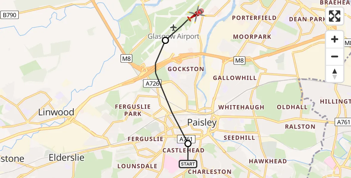 Flight route map: Air Ambulance Helicopter to Glasgow Airport, Glasgow Airport