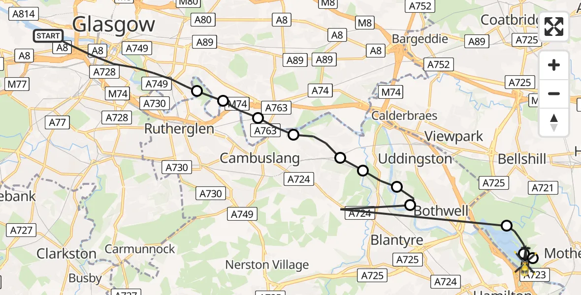 Routekaart van de vlucht: Police Helicopter to Motherwell, Strathclyde Road