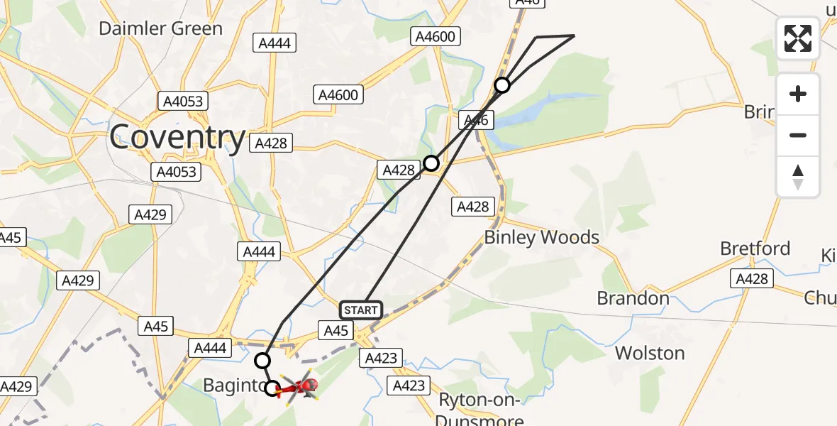 Flight route map: Air Ambulance Helicopter to Coventry Airport, Coventry Airport