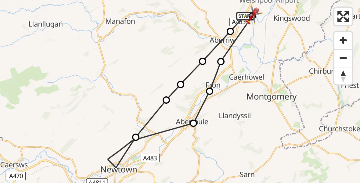 Flight route map: Air Ambulance Helicopter to Berriew, Berriew