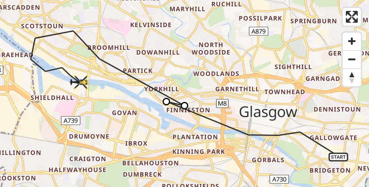 Flight path map showing Police Helicopter route from Glasgow to Glasgow
