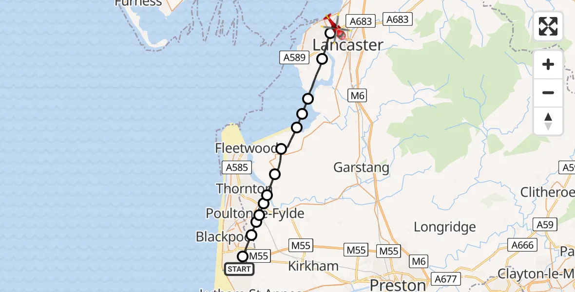 Flight route map: Air Ambulance Helicopter to Morecambe, Hexham Road