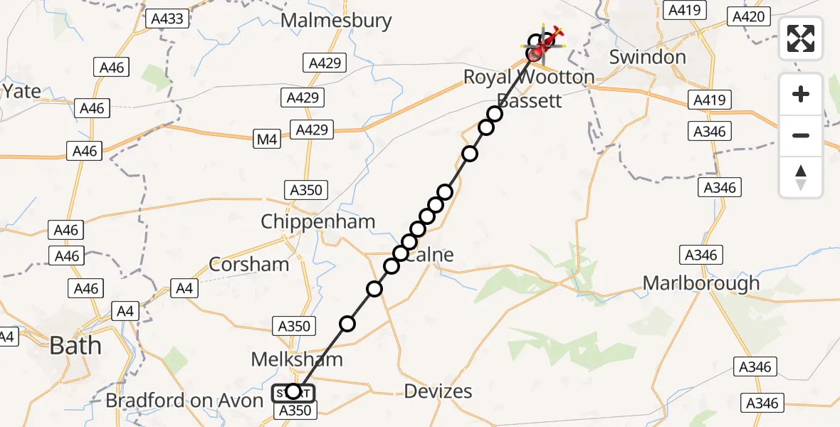 Flight route map: Air Ambulance Helicopter to Royal Wootton Bassett, Greatfield