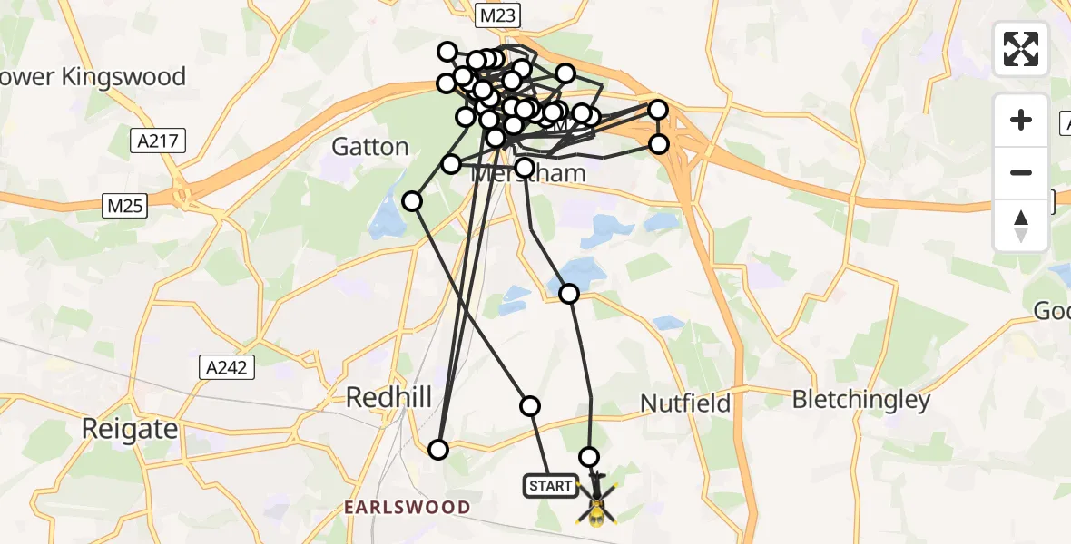 Flight route map: Police Helicopter to Nutfield, Sandy Lane