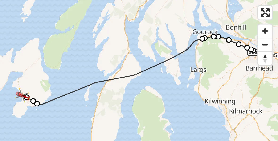 Flight route map: Air Ambulance Helicopter to Glenegedale, Low Road
