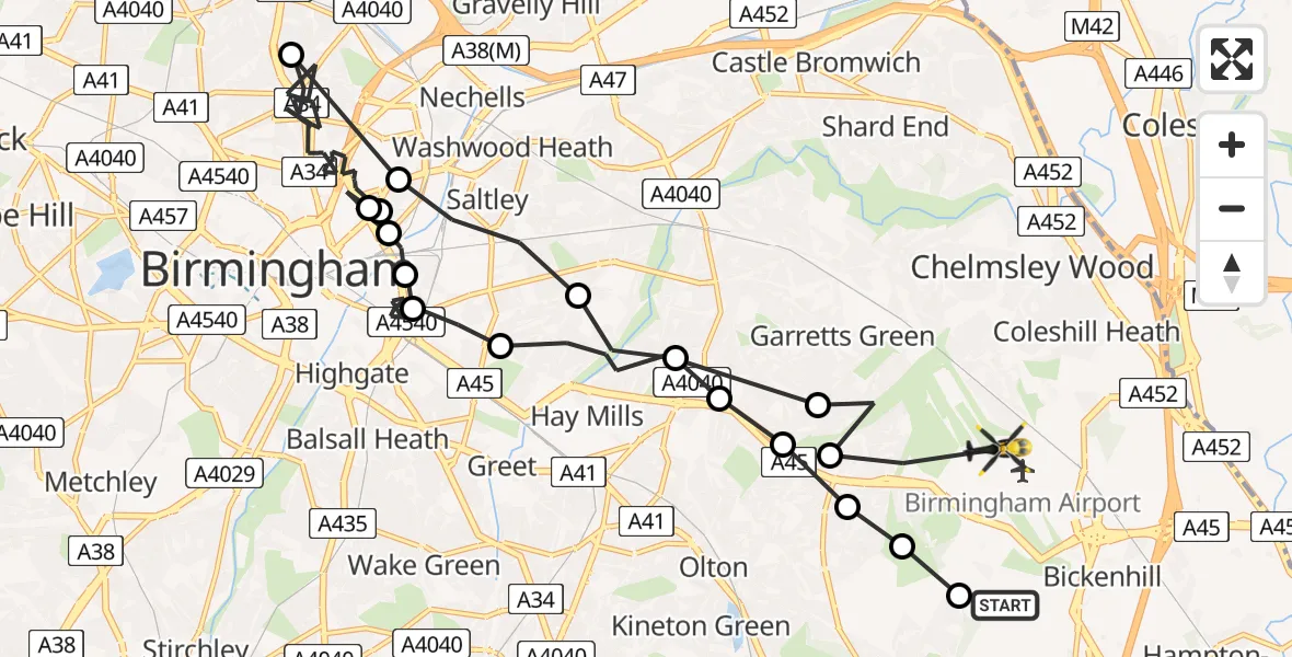 Flight route map: Police Helicopter to Birmingham Airport, Birmingham Airport
