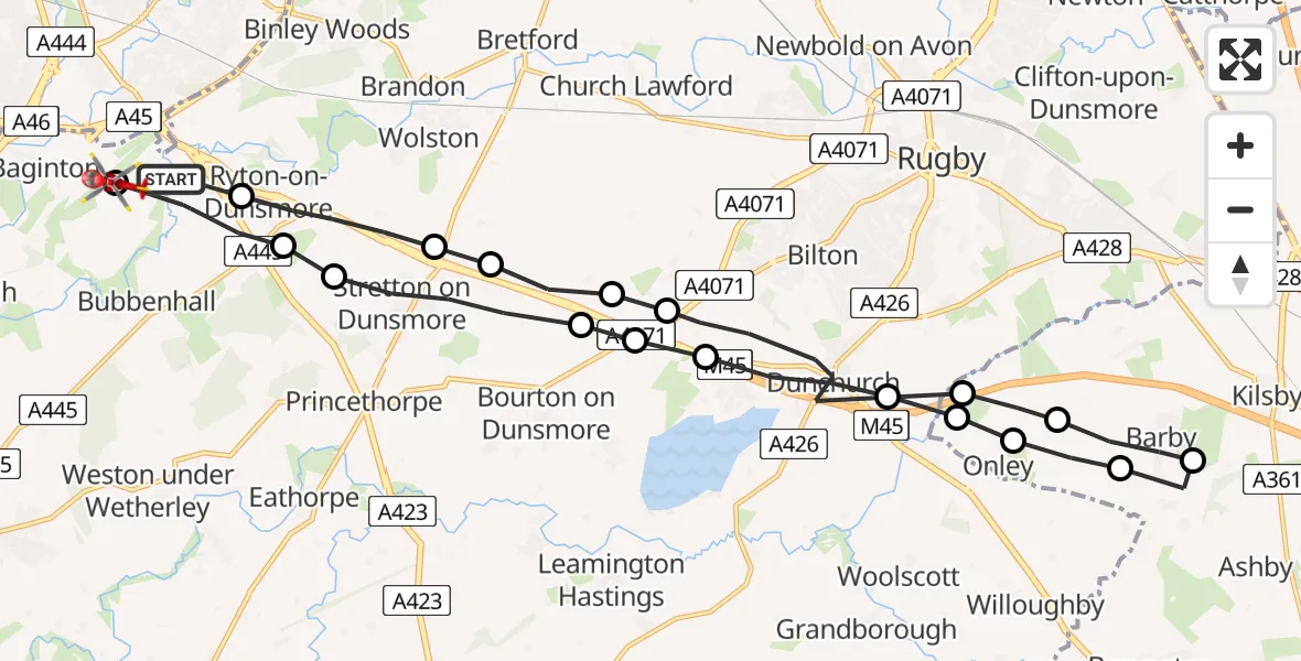 Flight route map: Air Ambulance Helicopter to Coventry Airport, Coventry Airport