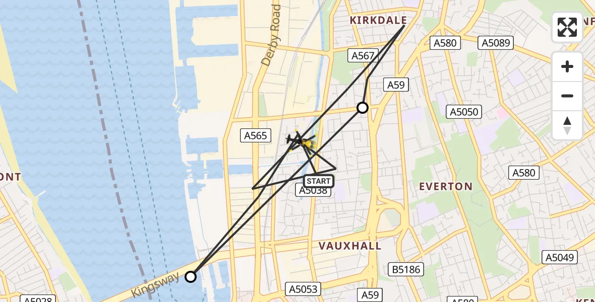 Flight route map: Police Helicopter to Liverpool, Canalside Grove