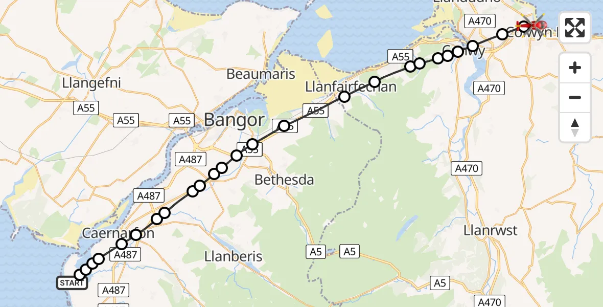 Flight route map: Air Ambulance Helicopter to Colwyn Bay, Gwibffordd Gogledd Cymru / North Wales Expressway
