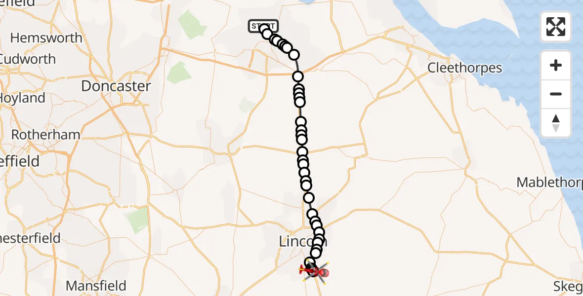 Routekaart van de vlucht: Air Ambulance Helicopter to North Kesteven, Sleaford Road