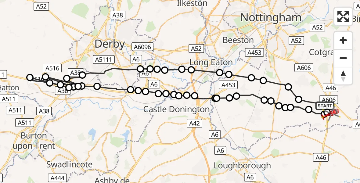 Flight route map: Air Ambulance Helicopter to Nottingham Heliport, Nottingham Heliport