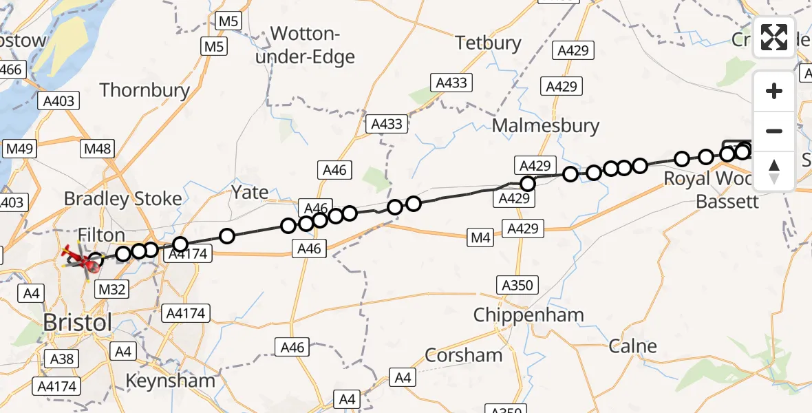 Flight route map: Air Ambulance Helicopter to Bristol, Lakewood Road