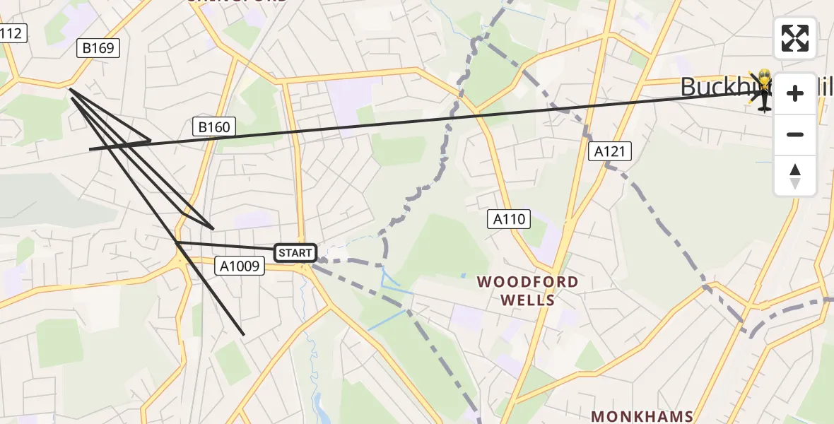 Flight route map: Police Helicopter to Buckhurst Hill, Westbury Lane