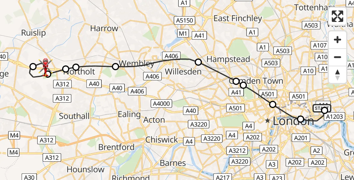 Routekaart van de vlucht: Air Ambulance Helicopter to RAF Northolt, RAF Northolt