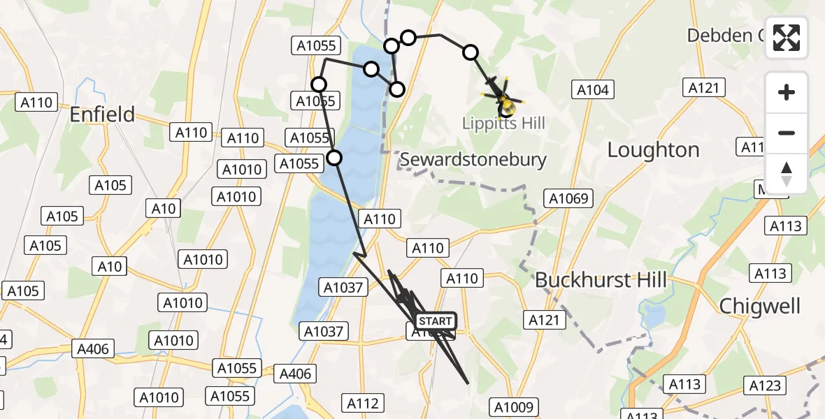 Flight route map: Police Helicopter to Metropolitan Police Air Support Unit Lippitts Hill, Metropolitan Police Air Support Unit Lippitts Hill