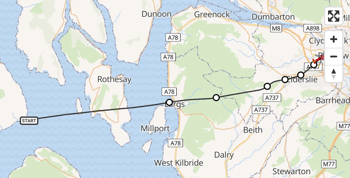 Flight path map showing Air Ambulance Helicopter route from Inner Seas to Glasgow Airport