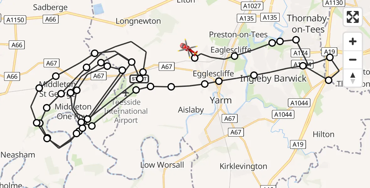 Flight route map: Air Ambulance Helicopter to Egglescliffe, Whittles Way