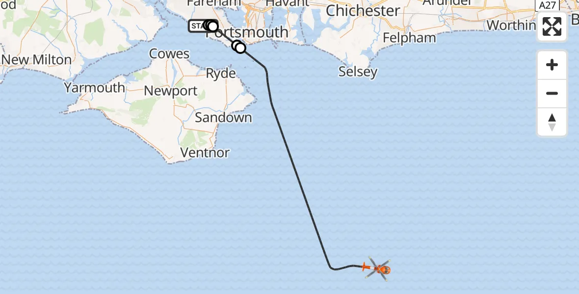 Flight route map: Coastguard Helicopter to English Channel, English Channel