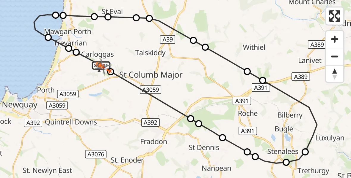 Flight path map showing Coastguard Helicopter route from Cornwall Airport Newquay to Cornwall Airport Newquay