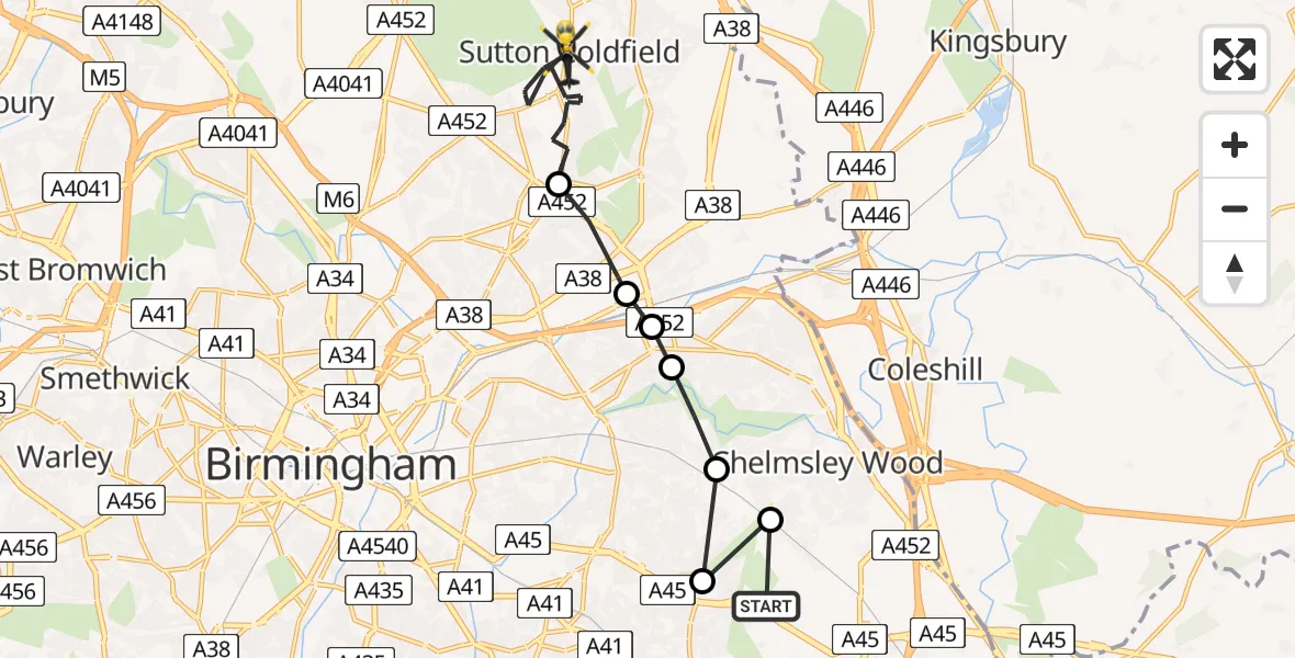 Flight route map: Police Helicopter to Sutton Coldfield, Parade
