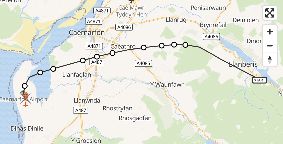 Flight route map: Coastguard Helicopter to Caernarfon Airport, Caernarfon Airport