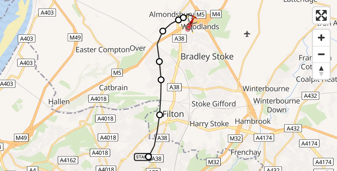 Flight route map: Air Ambulance Helicopter to Almondsbury Helicopter Base, Almondsbury Helicopter Base